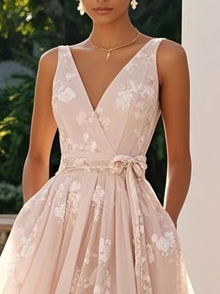 Light Pink Bow Embroidery Classic V Neck Sleeveless A-Line Midi Dress