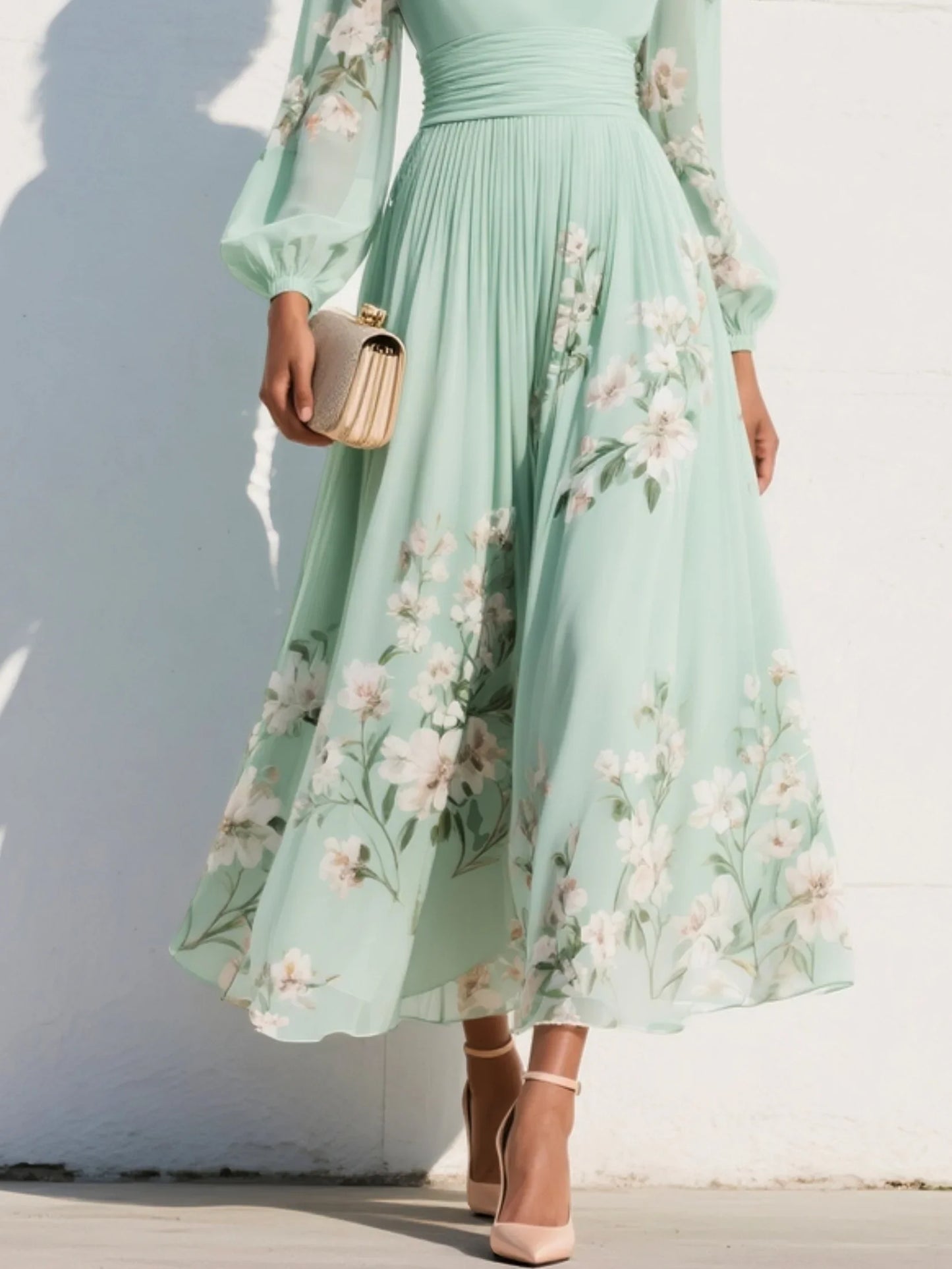 Light Green Ruched Floral Chiffon V Neck Long Sleeve Balloon Sleeve A-Line Maxi Dress