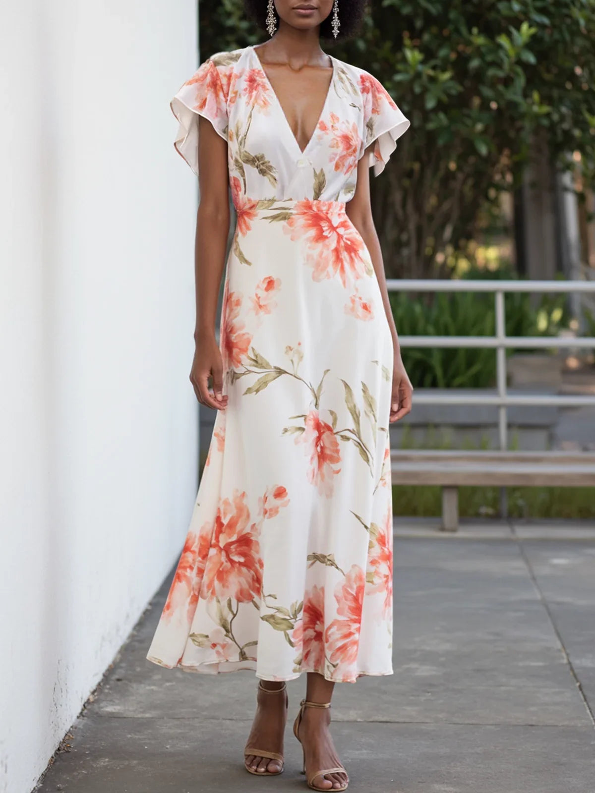 Orange Red Chiffon V Neck Short Sleeve Bell Sleeve A-Line Midi Dress