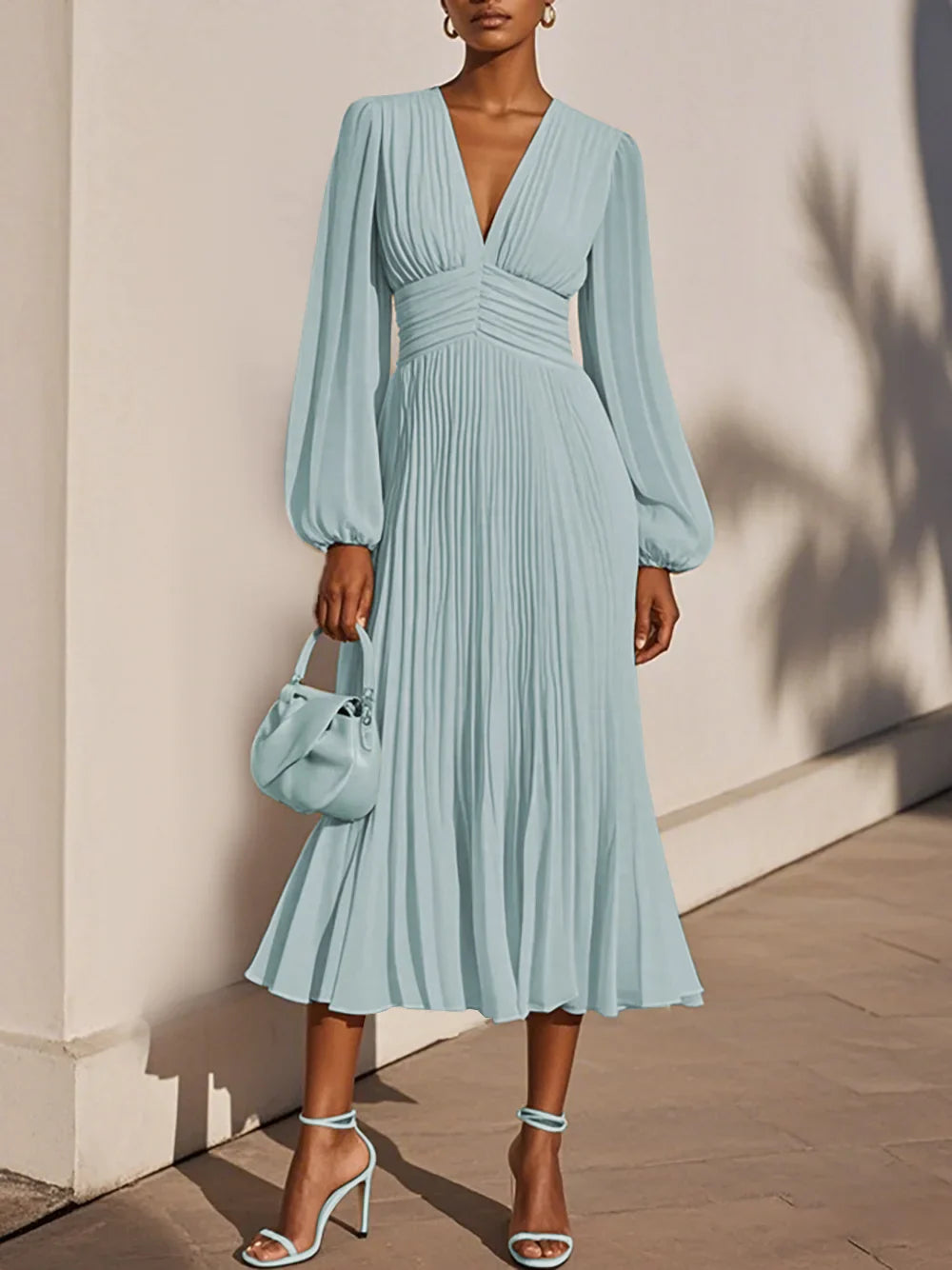 Light Blue Pleated Ruched Balloon Sleeve A-Line Midi Chiffon Dress