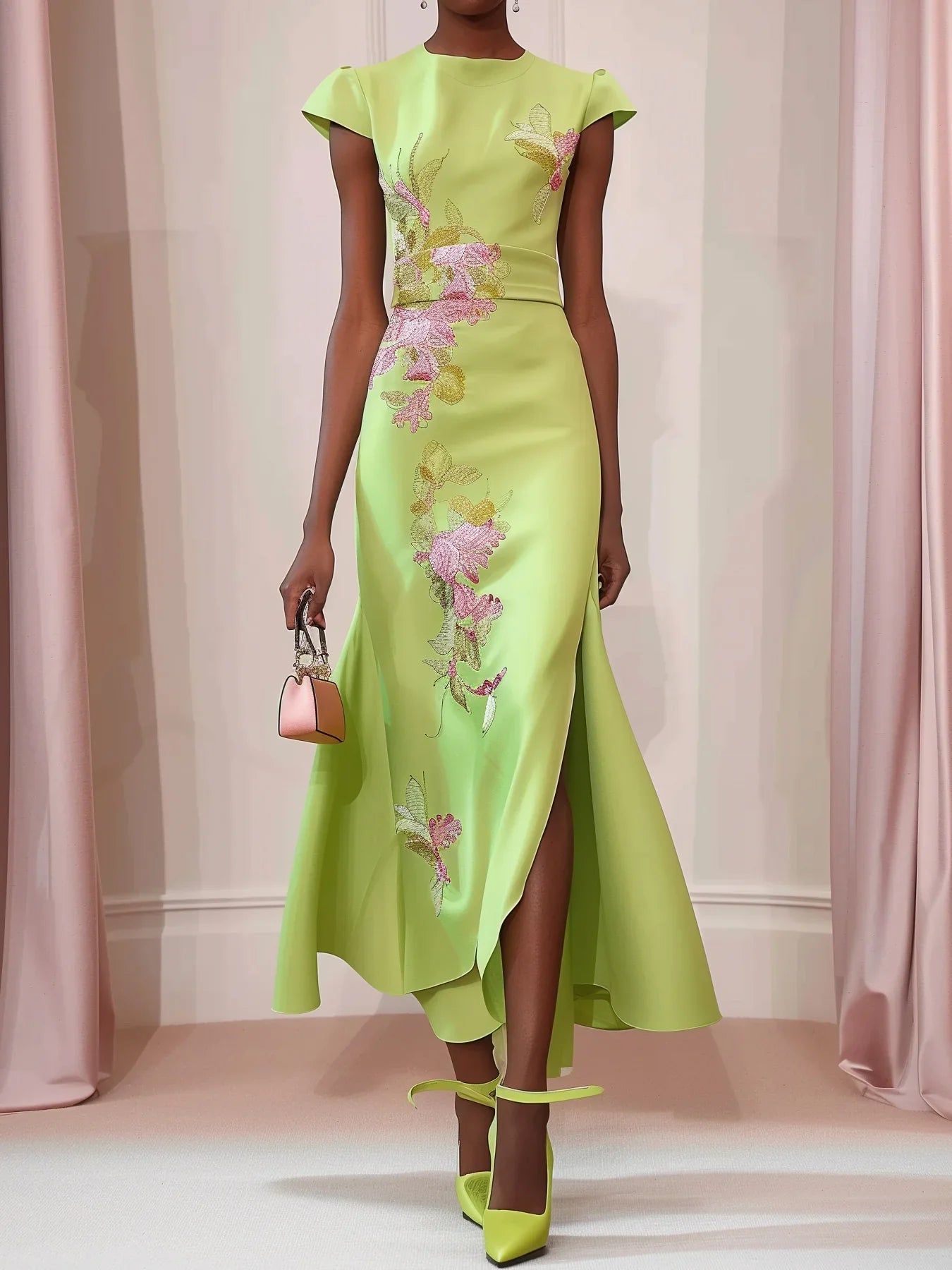 Green Satin Floral Embroidered Cap Sleeve Slit Sheath Maxi Dress