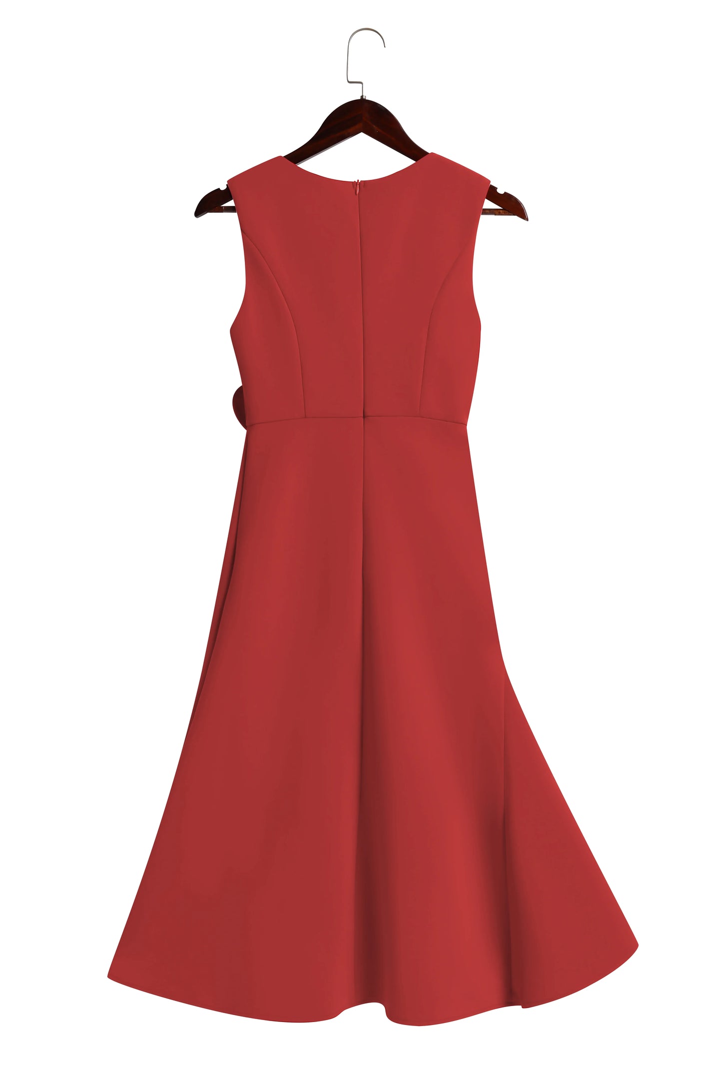 Red Asymmetric Ruffled Classic Boat Neck Sleeveless Midi Elegant A-line Dress with Waist Twist for Day-to-Night