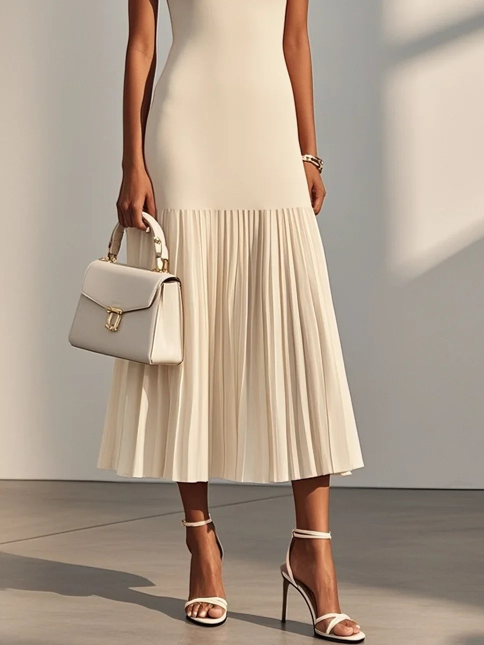 Beige Pleated Knit Crew Neck Sleeveless A-Line Midi Jersey Dress