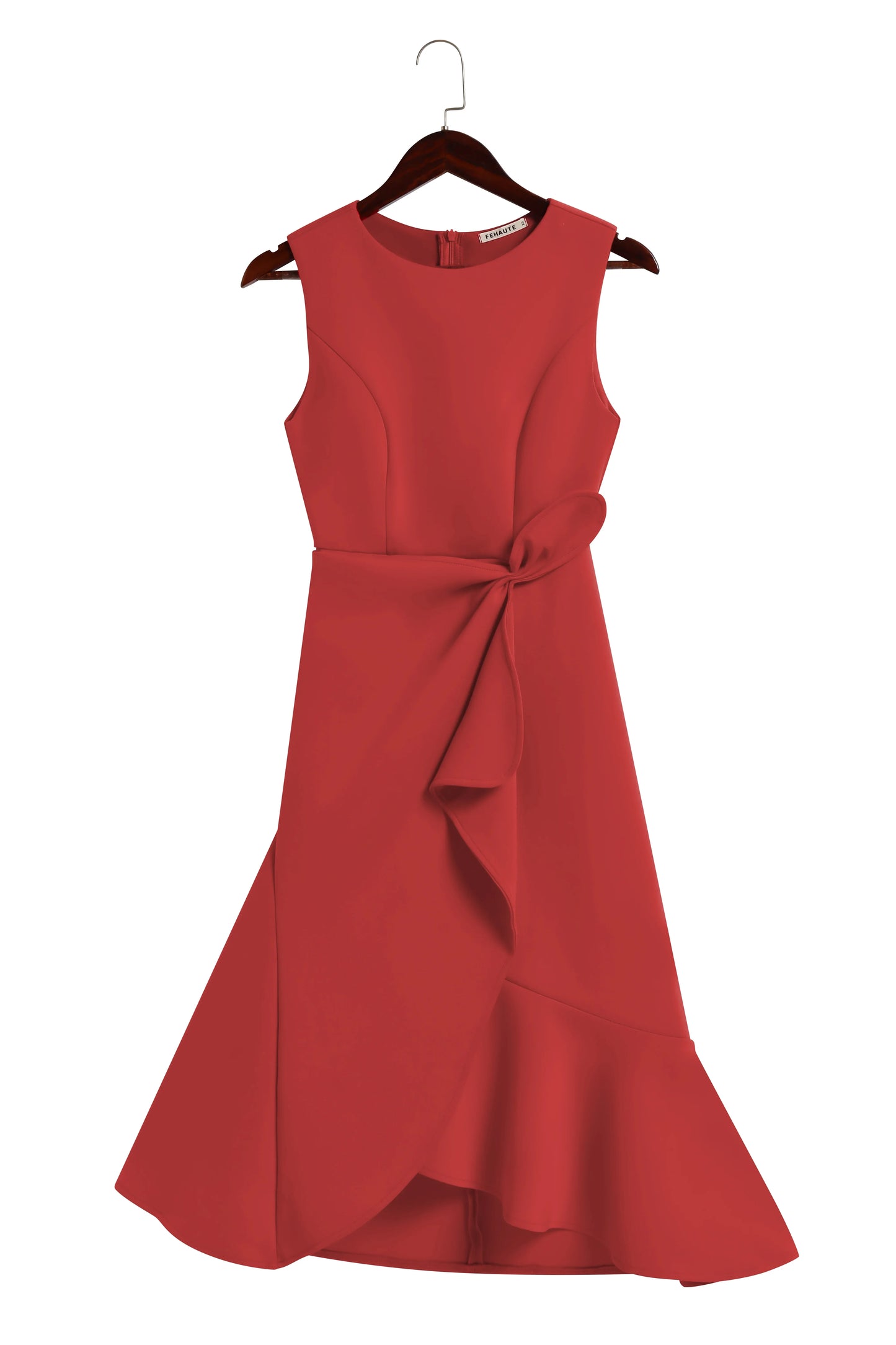 Red Asymmetric Ruffled Classic Boat Neck Sleeveless Midi Elegant A-line Dress with Waist Twist for Day-to-Night