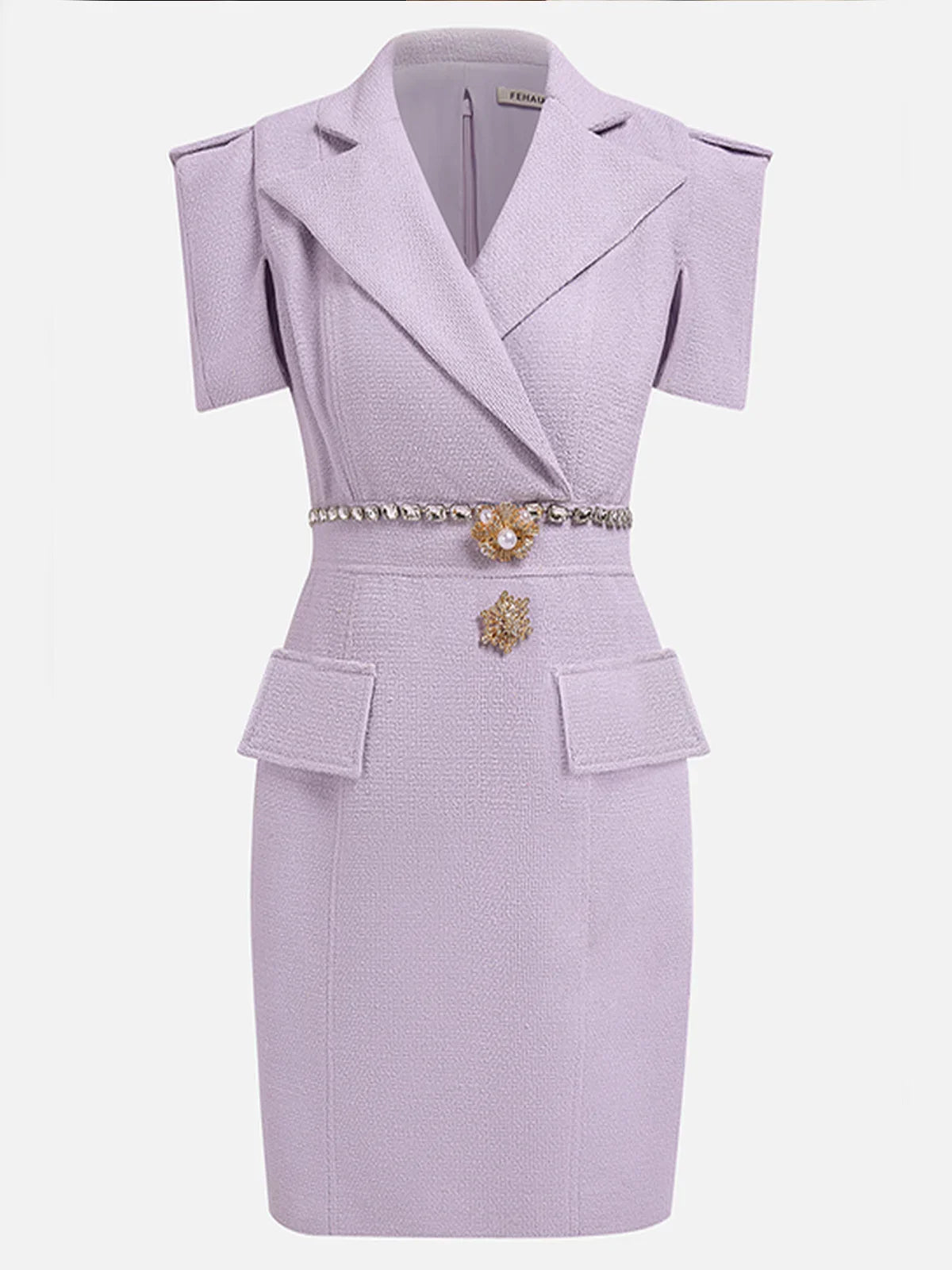 Lavender Purple Shawl Collar Short Sleeve Tweed Sheath Mini Homecoming Dress