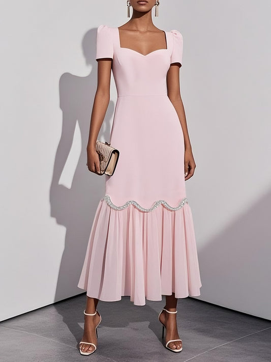 Pink Rhinestone Classic Sweetheart Neckline Sleeveless A-Line Maxi Dress