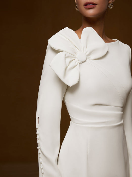 Cream White Bow Long Sleeve Sheath Midi Dress