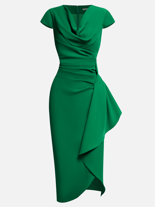 Green Cowl Neck Ruched Cap Sleeve Sheath Midi Dress