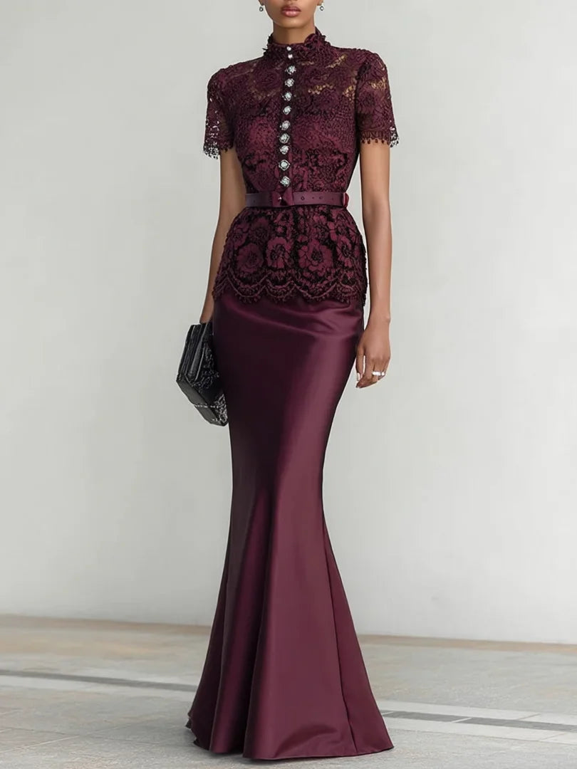 Wine Red Buckle Lace Classic Mock Neck Short Sleeve Mermaid Maxi Dress