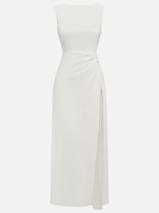 White Sequin Ruched Classic Sleeveless A-Line Midi Dress